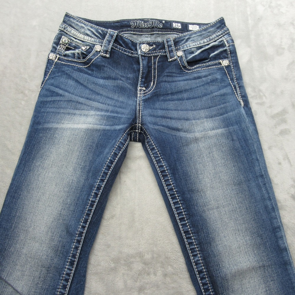 Miss Me Jeans Womens 26 Dark Wash Embellished Hemmed Whisker Chloe Bootcut 28x30 - Picture 11 of 16